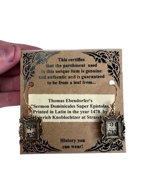 Gold-Tone Ornate Frame Dangle Earrings with Vintage Parchment Insert